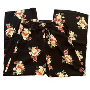 LOFT Wide Leg Flowy Palazzo Pants Black with Pink Flowers SIZE XS